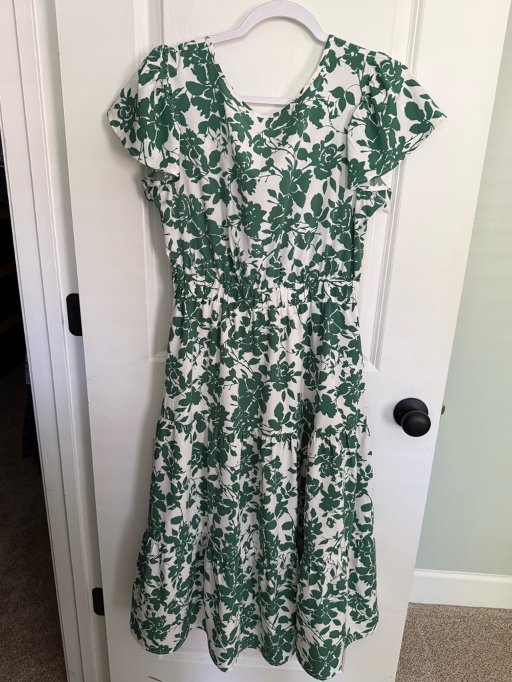 White and Green Floral Tiered Midi Dress with Elastic Waist